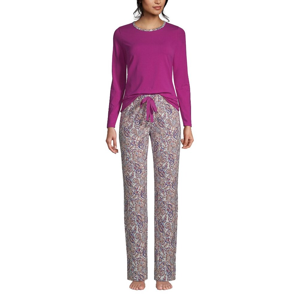 Women's Cotton Jersey Knit Pajamas Set Shirt and Pants Set Dark Pink Purple 00 0